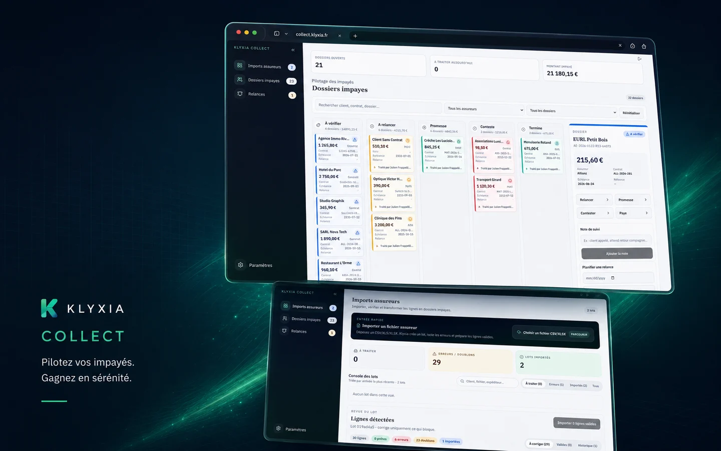 Klyxia Collect avec dossiers impayés et import assureur