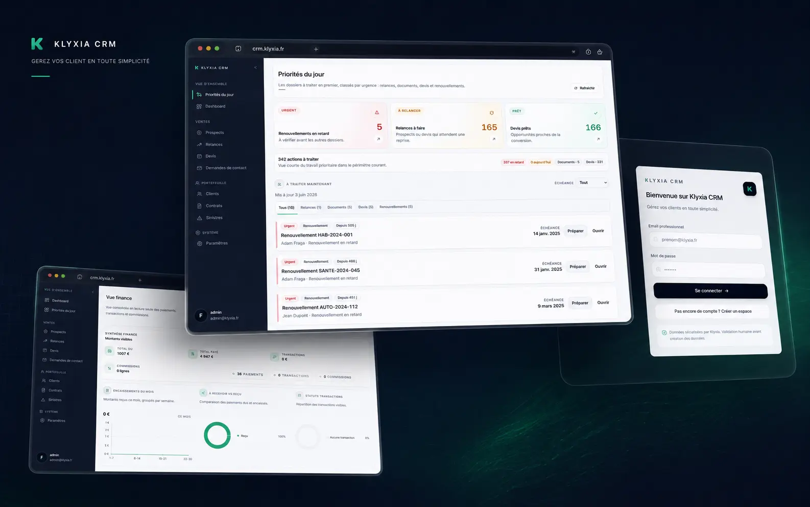 Interface Klyxia CRM avec pilotage cabinet, dossiers clients et priorités courtier